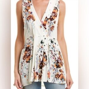Free People Floral V-Neck Tunic - Cream and Brown